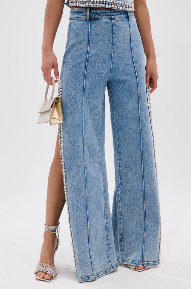 Popping Out Rhinestone Denim Shirt Jeans 2-Piece Set