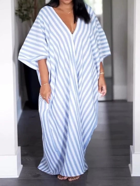Striped Print Batwing Sleeve Casual Dress