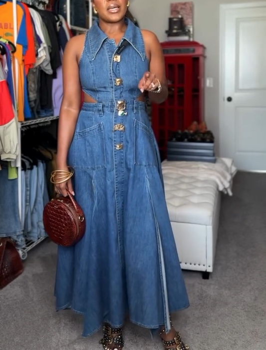 Cut-Out Sleeveless Lapel Denim Dress