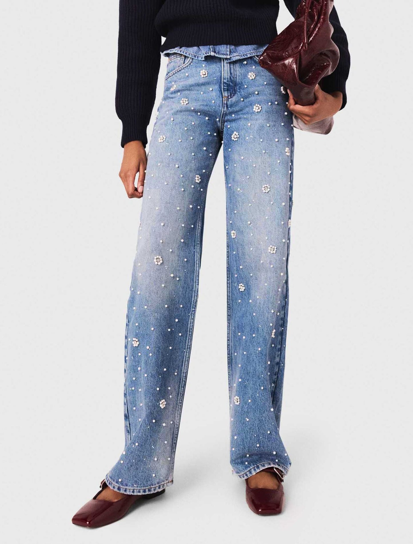 Wide-Leg Pearl Embroidered Jeans
