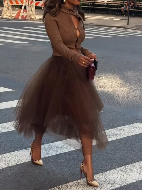 Skinny Knitted Cardigan And Elasticated-waistband Tulle Skirt