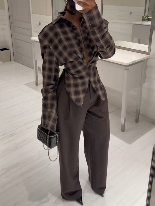 Plunging Neck Shoulder Padding Shirt And Pants 2-Piece Set